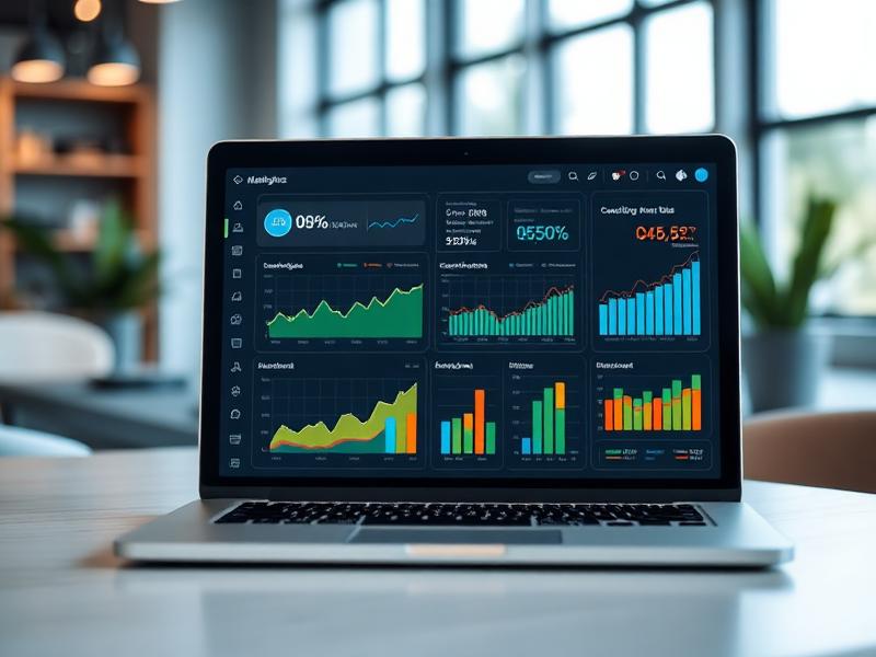 Digital marketing analytics dashboard showing performance metrics, ROI data, and growth trends for business strategy